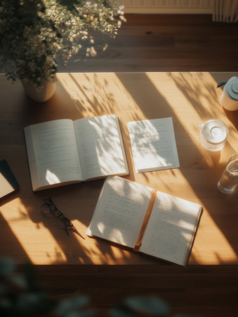 Sunlight filtering through leaves on a wooden table with open books and a beverageの素材