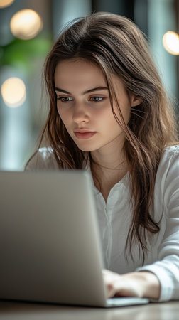 Young woman working intently on laptop in cozy cafe with soft lighting and greeneryの素材