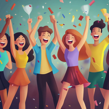 Celebration of friendship and joy at a lively party with confetti and laughterの素材
