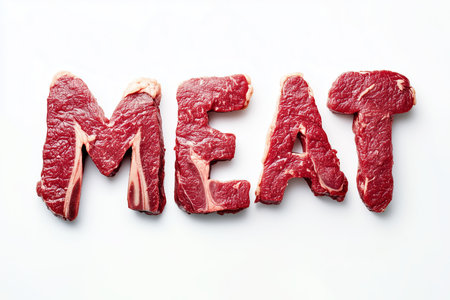 Fresh meat arranged to spell out the word meat on a clean white background in a culinary settingの素材