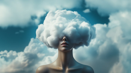 Woman with cloud head reflects dreamlike state against a vivid blue skyの素材