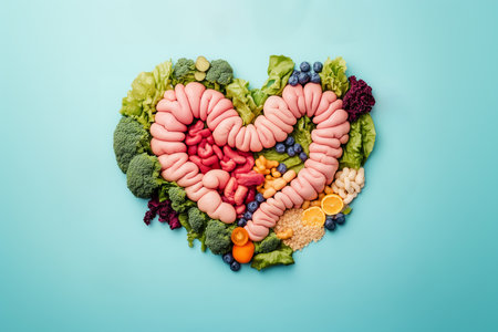 Creative heart shape made of fruits, vegetables, and pasta resembling intestines laid against a blue backdropの素材