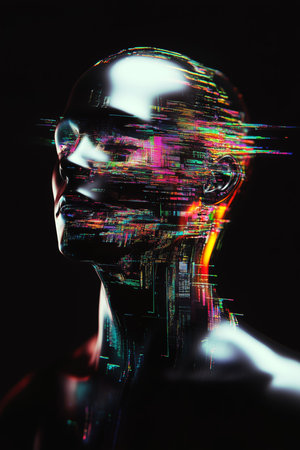 Artificial intelligence humanoid figure displays vibrant digital distortion in a dark environmentの素材