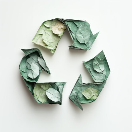 Creative paper recycling symbol made from folded green and beige paper leavesの素材