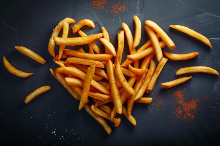 Crispy golden fries arranged in a heart shape on a dark backgroundの素材