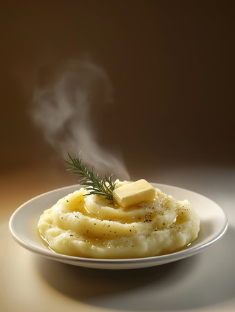 Creamy mashed potatoes served with butter and herbs on a warm plateの素材