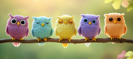 Colorful knitted owls perched on a branch in soft morning lightの素材