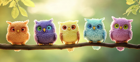 Colorful fluffy owls perched on a branch in a vibrant forest settingの素材