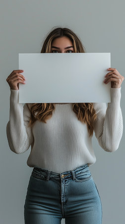 Young woman holding a blank sign in a minimalistic indoor settingの素材