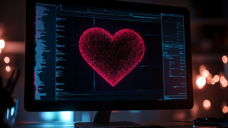 Heart made of digital code displayed on computer screen in a dark room at nightの素材