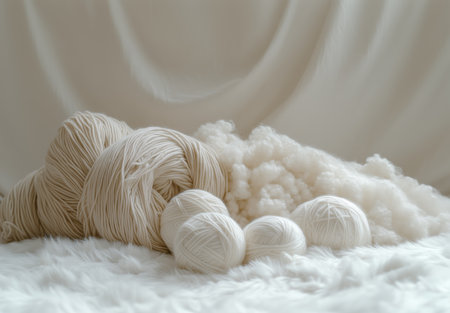 Soft white yarn and fluffy fibers arranged on a textured surface with warm lightingの素材