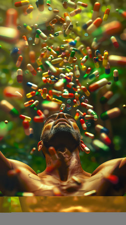 Man in serene environment surrounded by colorful pills in a moment of reflectionの素材