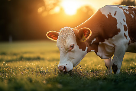 Cow grazing in a sunlit field during golden hour near a serene countryside settingの素材