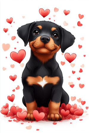 Cute rottweiler puppy surrounded by hearts in a cheerful illustrationの素材