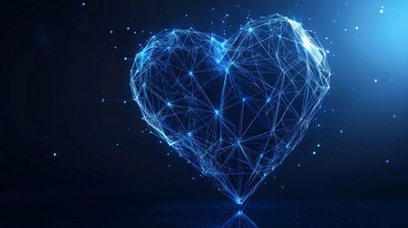 Heart-shaped digital network symbolizing love and technology in a blue light atmosphereの素材