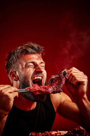 Enthusiastic man enjoys delicious barbecue in a warm, vibrant setting with steam risingの素材