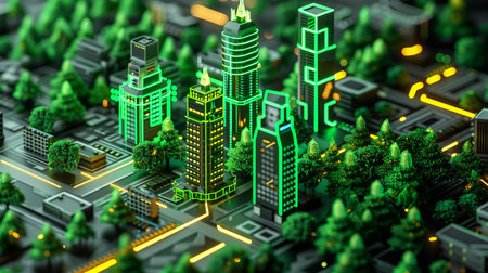 Cityscape model featuring glowing skyscrapers and lush greenery at nightの素材