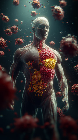 Man displays internal anatomy surrounded by colorful cells in a scientific concept of healthの素材