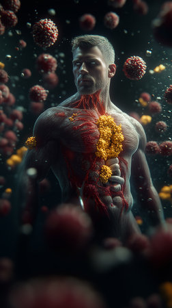 Intricate depiction of human anatomy intertwined with viral elements in dark environmentの素材