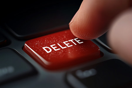 Close-up of a finger pressing the delete key on a computer keyboard during a data management taskの素材