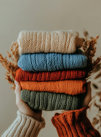 Collection of cozy knitted sweaters held in hands with autumn decor in backgroundの素材