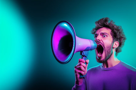 Man passionately communicates using a megaphone in a vibrant settingの素材