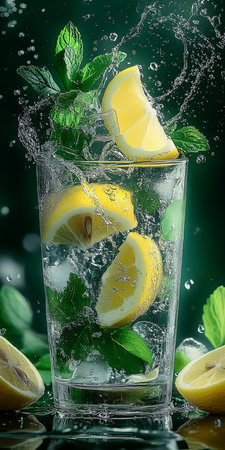 Refreshing lemon mint beverage splashes in a glass with mint leaves and lemon slicesの素材