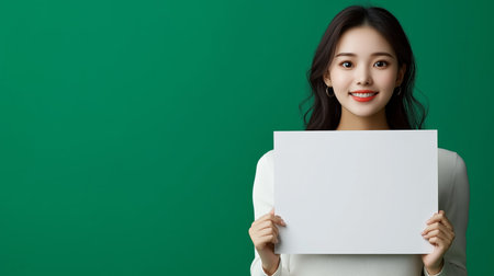 Smiling woman holds blank card in front of green background during indoor photoshootの素材