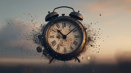 Old alarm clock shattering in a surreal landscape during sunsetの素材