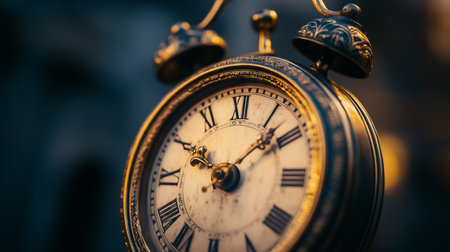 Vintage clock displays time with intricate details in outdoor setting at duskの素材