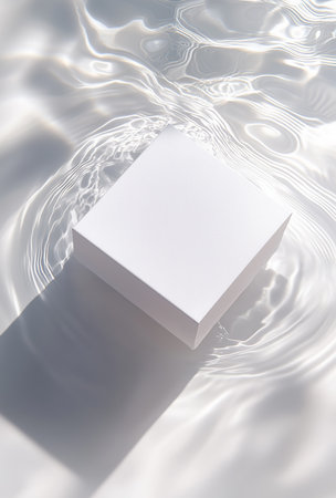 Minimalist white object floating on calm water reflecting light in a serene settingの素材