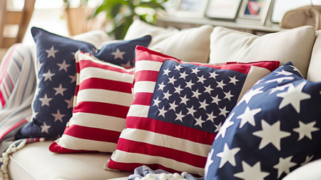 Decorative cushions featuring American flag designs on a cozy sofa in a living roomの素材