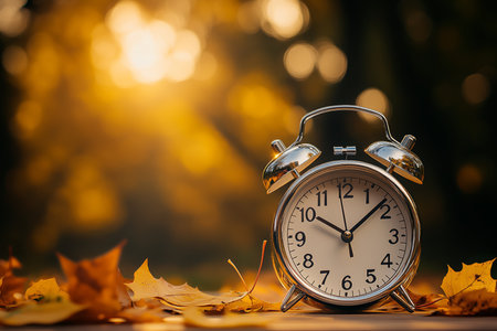 Vintage alarm clock rests on autumn leaves with sunlight filtering through treesの素材