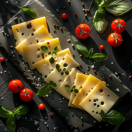 Slices of cheese arranged with fresh tomatoes and basil leaves on a dark surfaceの素材