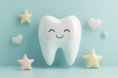 Happy tooth surrounded by colorful stars and hearts on a light blue backgroundの素材