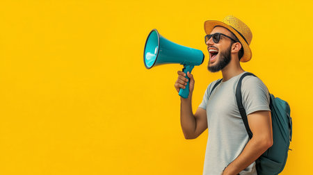 Young man enthusiastically shouting into a megaphone against a bright yellow backgroundの素材