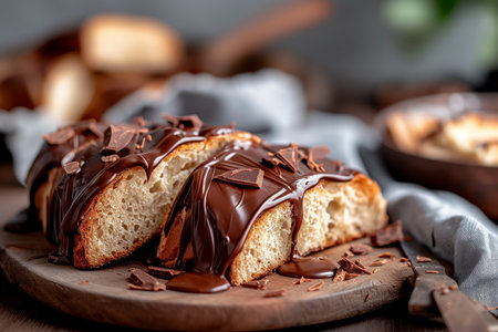 Delicious bread topped with rich chocolate and chunks on a rustic wooden boardの素材