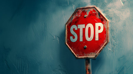 Weathered stop sign on a post against a textured blue background in dim lightの素材