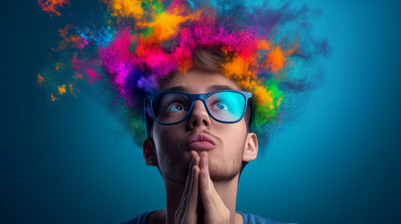Creative explosion of colors above thoughtful young man in vibrant artistic expressionの素材