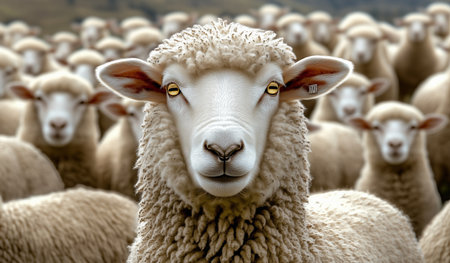Sheep gather in a rural field during the day surrounded by a scenic landscapeの素材