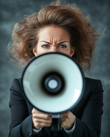 Strong woman passionately speaks into a megaphone in a studio settingの素材