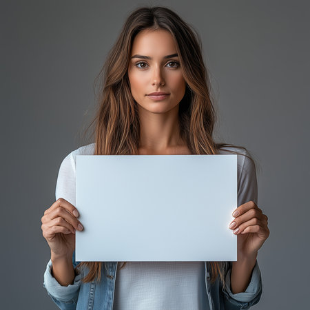 Young woman holding blank paper against neutral background indoorsの素材