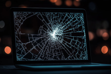 Computer screen displaying shattered glass pattern illuminated by soft background lightsの素材