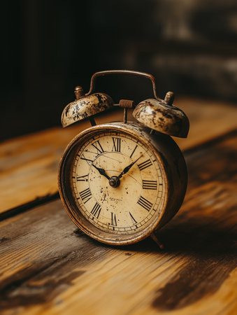 Vintage alarm clock resting on rustic wooden table in warm lighting setting ambienceの素材