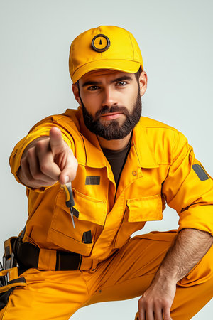 Worker in vibrant yellow uniform pointing confidently at the viewer indoorsの素材