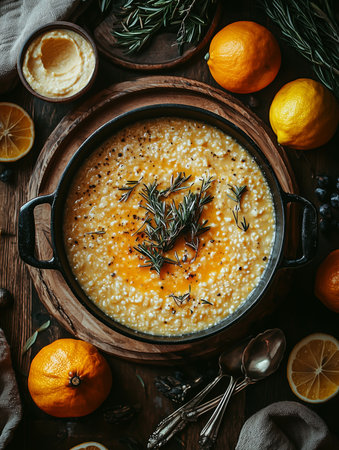 Creamy lemon risotto with fresh herbs served in rustic bowl on wooden tableの素材