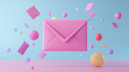 Bright pink envelope surrounded by colorful shapes in a playful digital designの素材