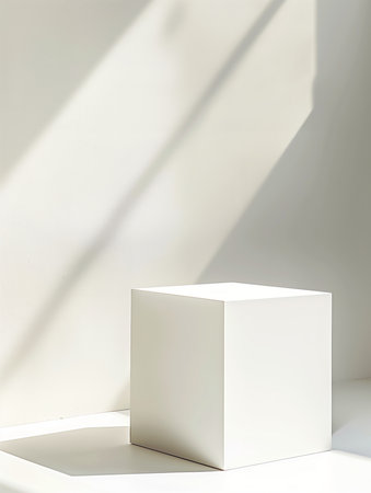 Minimalist white cube illuminated by natural light in a serene indoor settingの素材