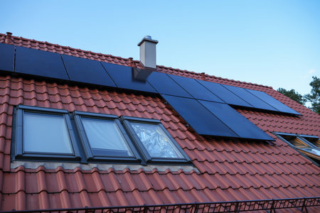 Solar panels installed on a tiled roof of a private house, capturing sunlight for renewable energy.の写真素材