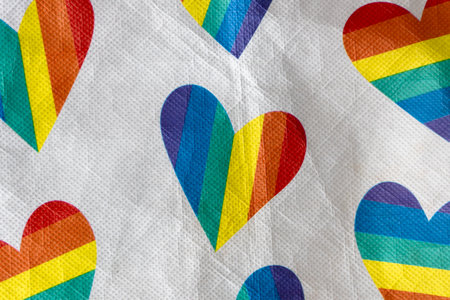 Colorful rainbow hearts printed on fabric, symbolizing love, diversity, and LGBTQ pride, with soft...